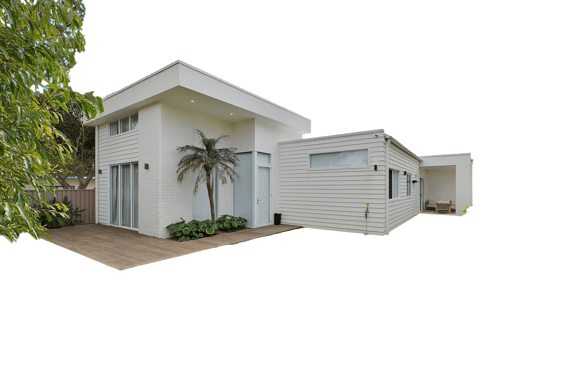 Modern white house with tree in top left corner