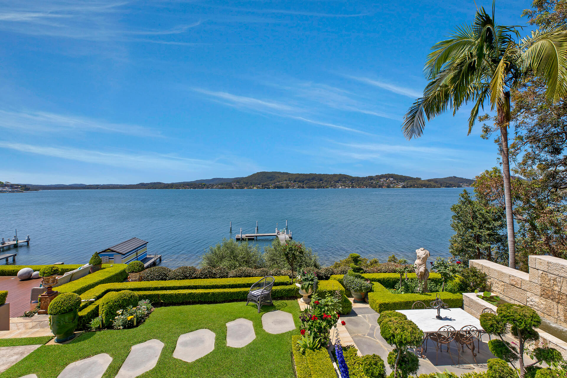High view of garden and lake